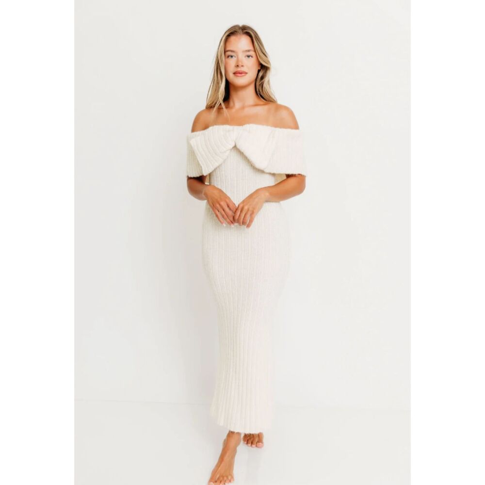 Coquette Off Shoulder Bow Sweater Dress Ivory Cream Knit Maxi Bodycon XL